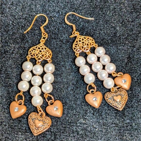 Rose Tone Triple Pearl Strand Dangle Hearts Earrings - Picture 1 of 4